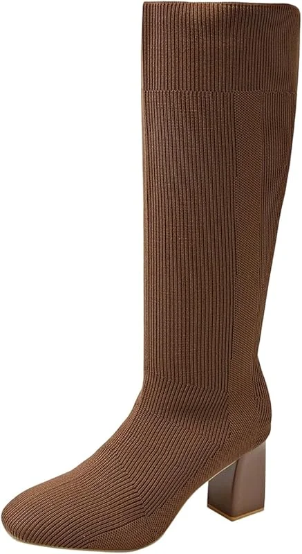 Gestrickte Stretch-Stiefel mit hohem Absatz mittlerer Wadenhöhe, klobiger Absatz, modische Stiefeletten, Bequeme Schlupfstiefel für den Winter — Heizkleidung