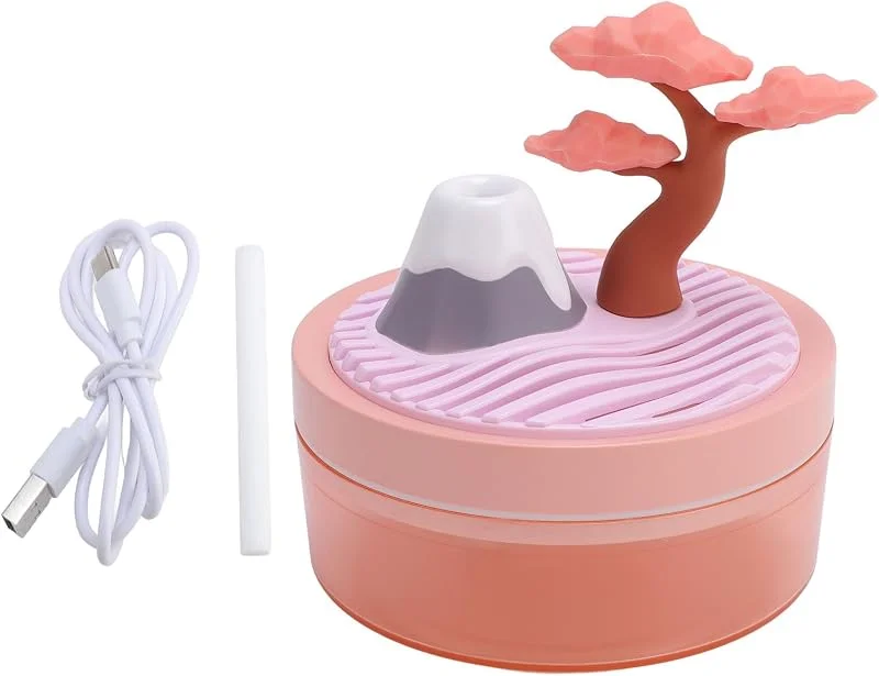 Tyenaza 320 ml Mini-Luftbefeuchter für den Schreibtisch, mit Kirschbaum-Landschaftsdekoration, buntes Licht, kühler Nebel, USB-betriebener Luftbefeuchter, für Schlafzimmer, Büro